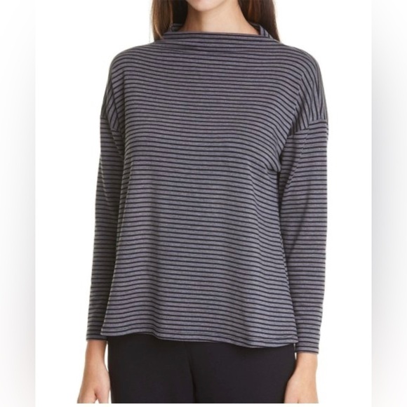 Eileen Fisher Stripe Funnel Neckline Top - Picture 1 of 5